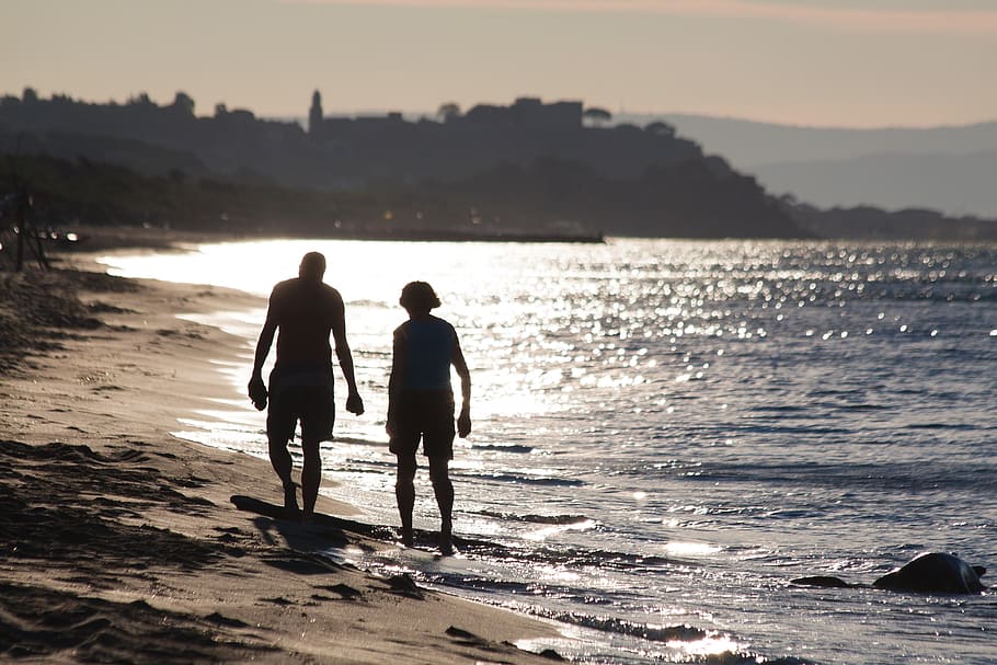 man and woman walking on seashore, person, human, female, beach, HD wallpaper