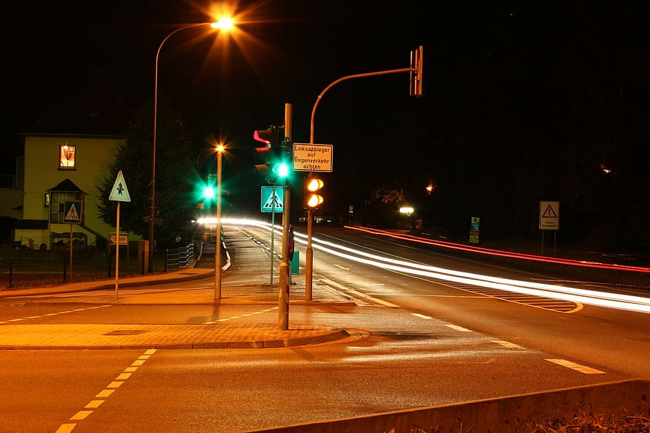 road, lights, traffic, night, lighting, long exposure, asphalt HD wallpaper