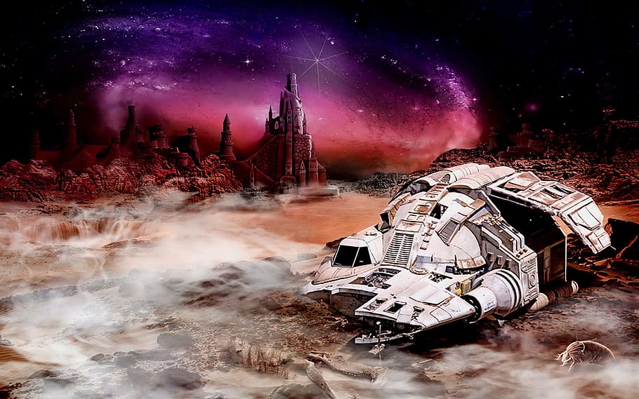 gray space craft under starry sky, galaxy, painting, composing HD wallpaper