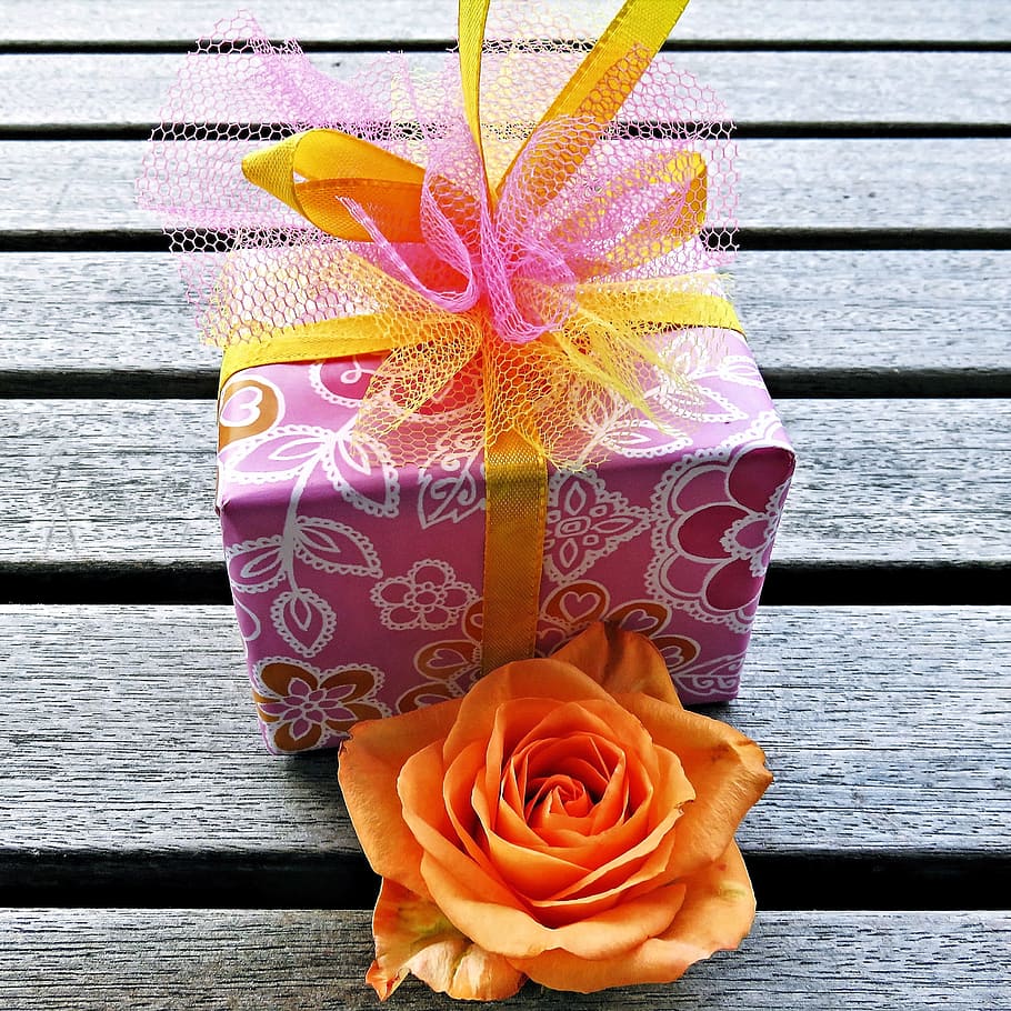 pink and white floral gift box, made, packaging, wrapping paper HD wallpaper