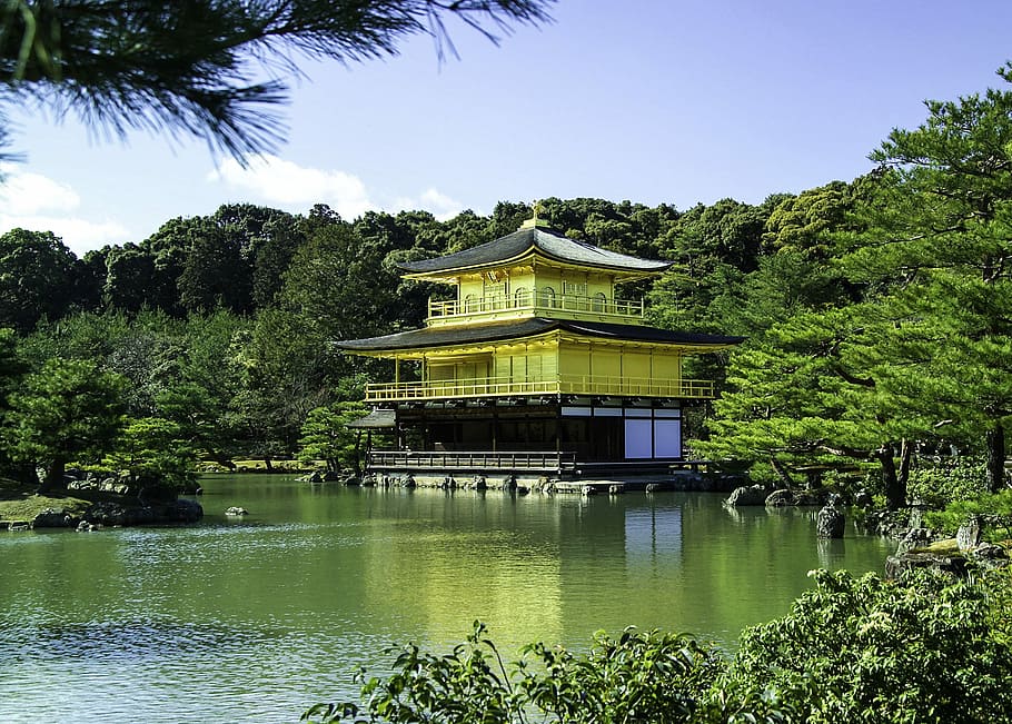 Golden Pavilion in Kyoto, Japan, photo, lake, landscape, public domain