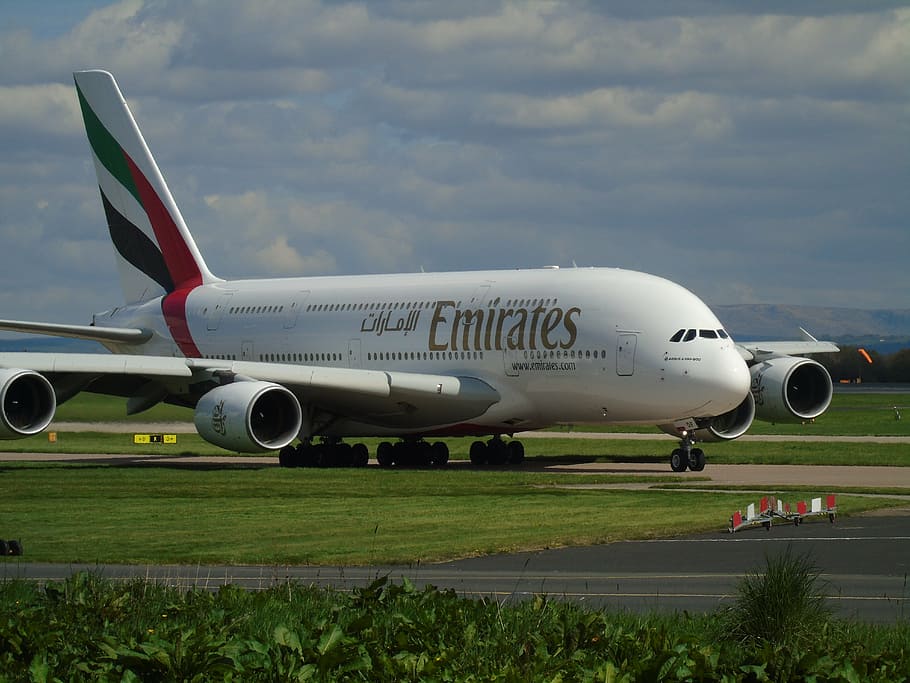Emirates airplane on board, aircraft, a380, travel, flight, airline, HD wallpaper