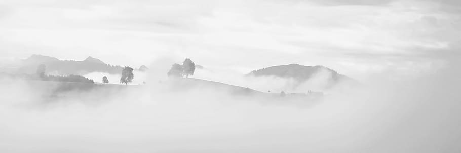 grayscale photography of foggy mountain, photo of foggy mountain HD wallpaper