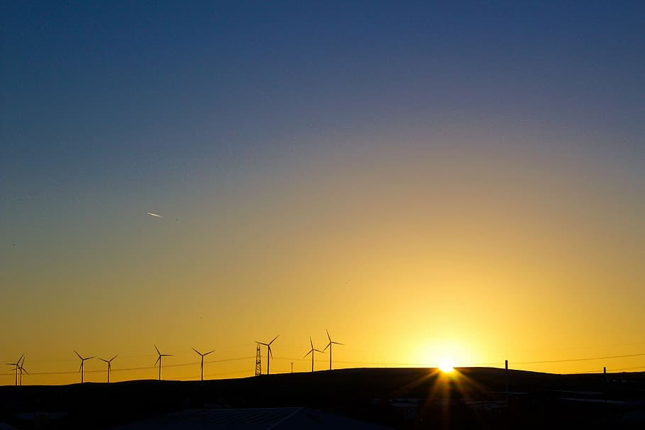 sunset over the horizon, windmill, landscape, sky, energy, power HD wallpaper