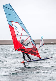 windsurfing, foiling, water, sail, sport, nautical vessel, red HD wallpaper
