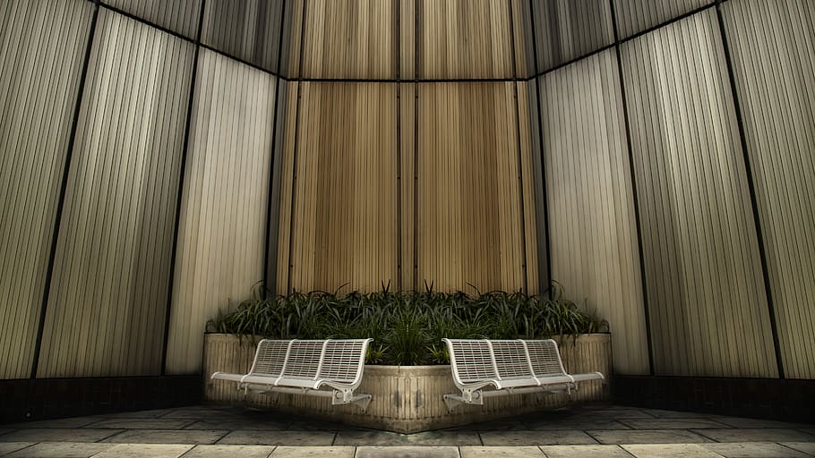 two white metal benches, architecture, wall, modern, greenery HD wallpaper