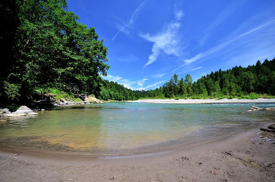 river, sky, trees, nature, landscape, summer, outdoor, scene HD wallpaper