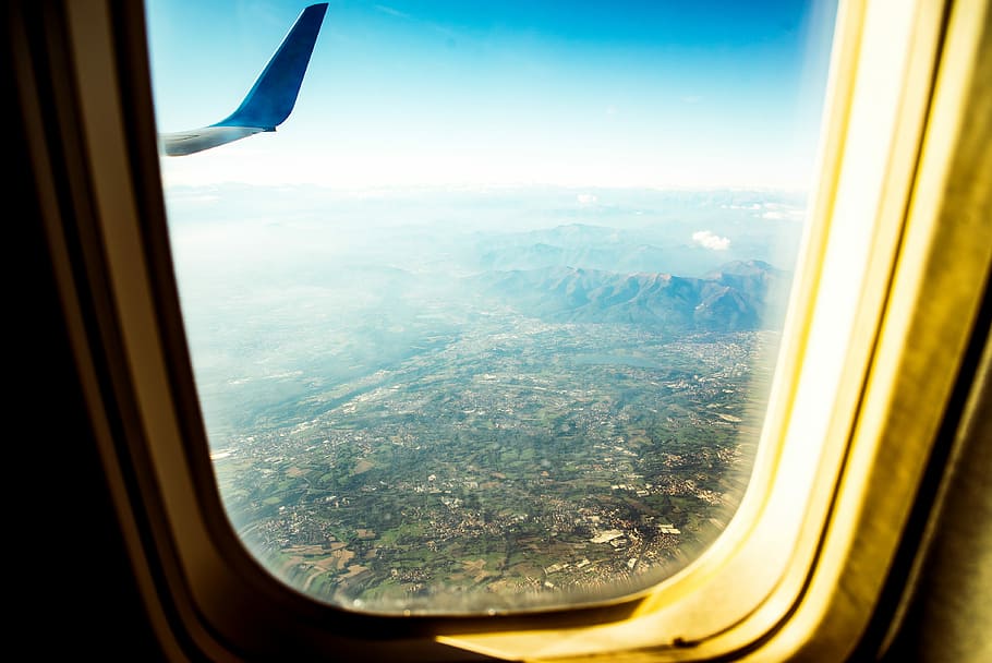 beige plane window view, high angle photography of land, mist HD wallpaper