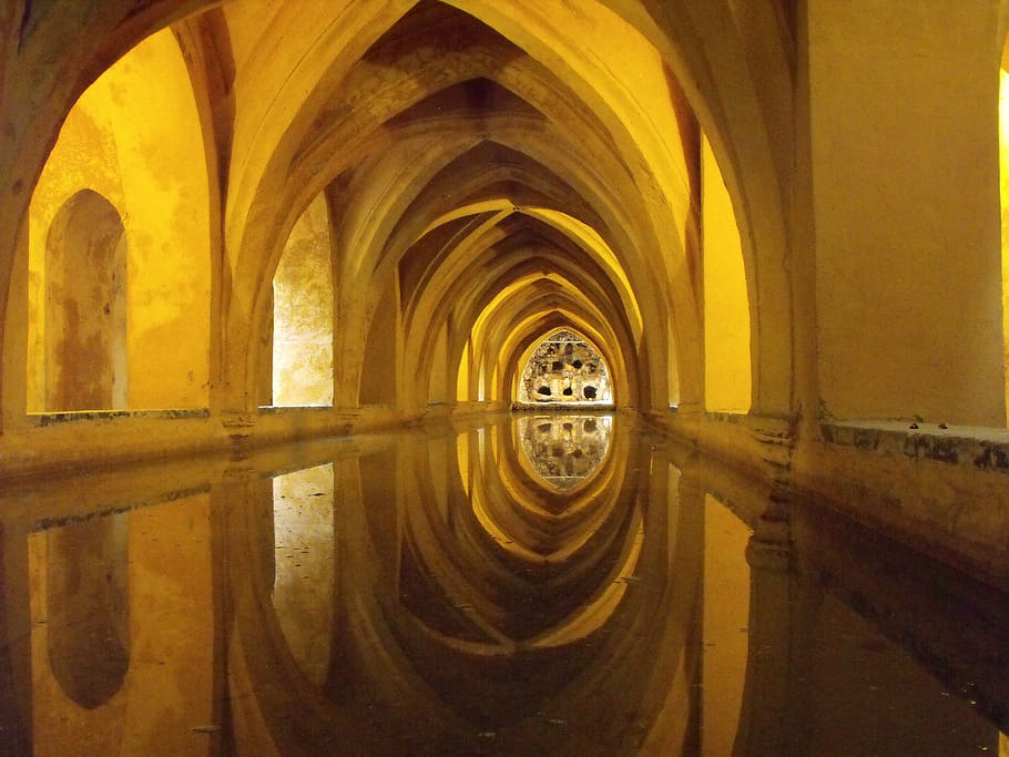 water, yellow, reflection, arches, architecture, indoors, built structure HD wallpaper