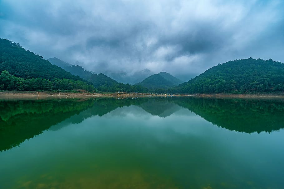 clouds, dawn, fog, forest, green, hills, lake, landscape, mist HD wallpaper