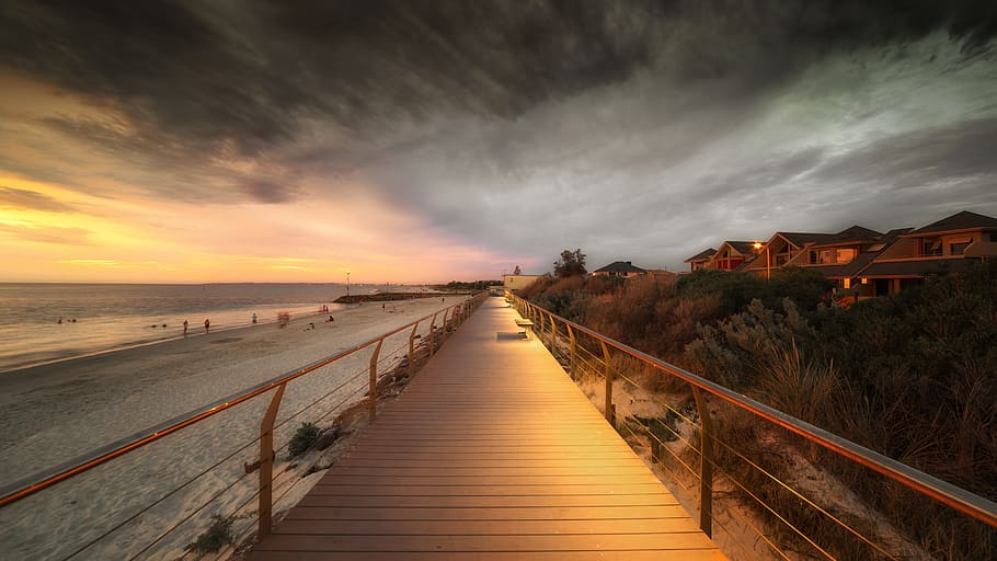 close-up photo of brown wooden boardwalk, beach, clouds, sea, HD wallpaper