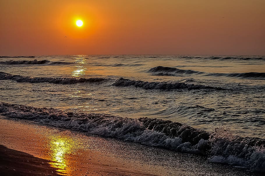Shore, Waves, Sunset, Nature, sky, summer, sea, natural, water HD wallpaper