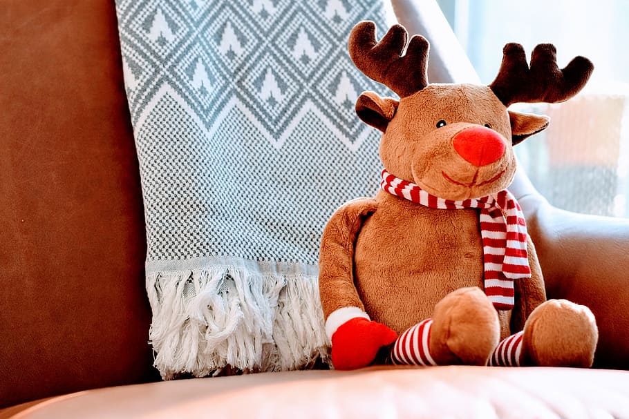 brown deer plush toy, cloth, couch, house, stuffed, christmas HD wallpaper