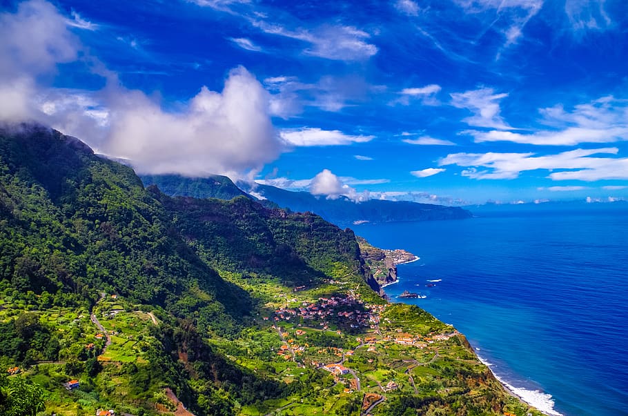 sky, clouds, bay, sea, blue, clouds form, landscape, madeira HD wallpaper