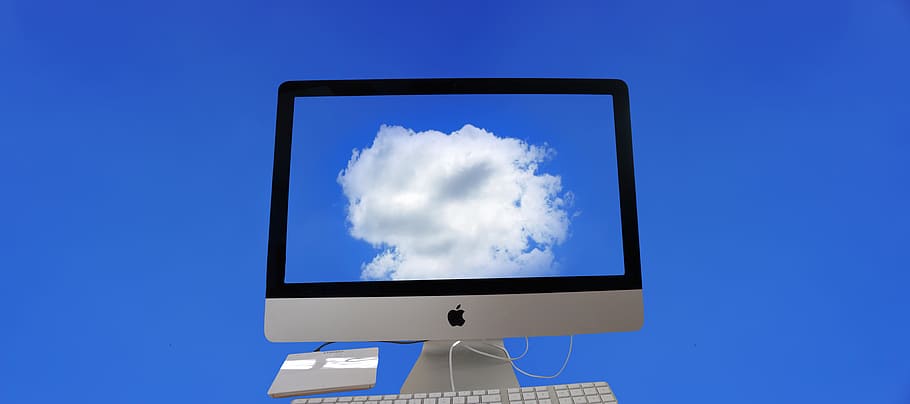 silver iMac monitor displaying clouds, apple, cloud computing HD wallpaper