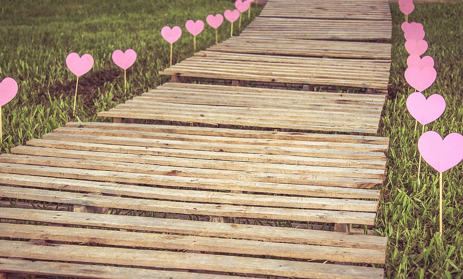 brown wooden boardwalk, path, love, future, heart, romanticism HD wallpaper