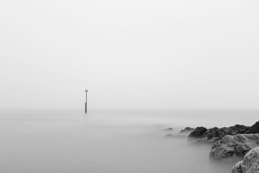 foggy, hazy, misty, murky, nature, pole, rocks, sea, outdoors, HD wallpaper