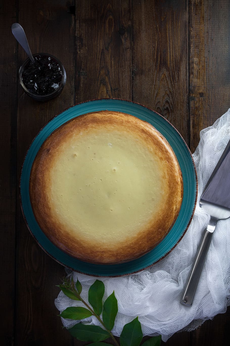 baked food on blue ceramic plate, cheesecake, table, dessert HD wallpaper