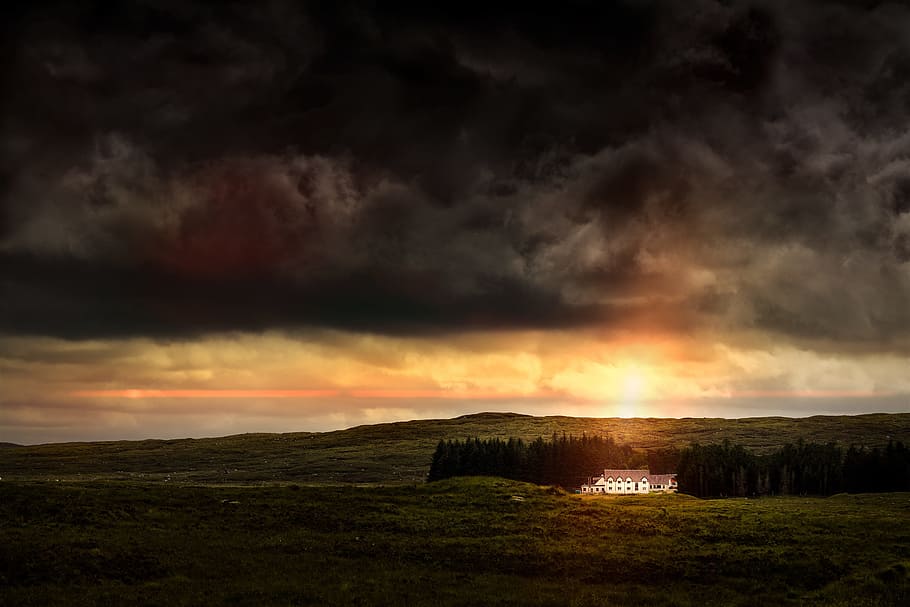 White and Gray House on a Green Field, dark clouds, dramatic HD wallpaper