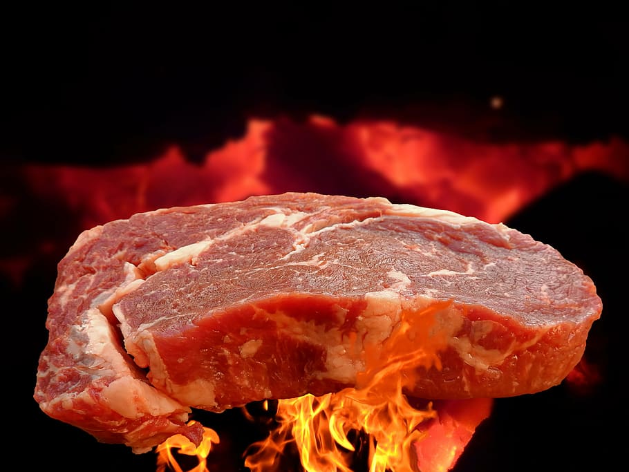 raw meat with flame, beef, steak, food, tasty, grilled meats, HD wallpaper