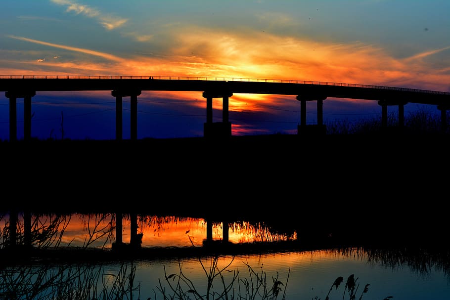 Bridge, Sunset, Lake, Reflection, silhouette, orange color HD wallpaper
