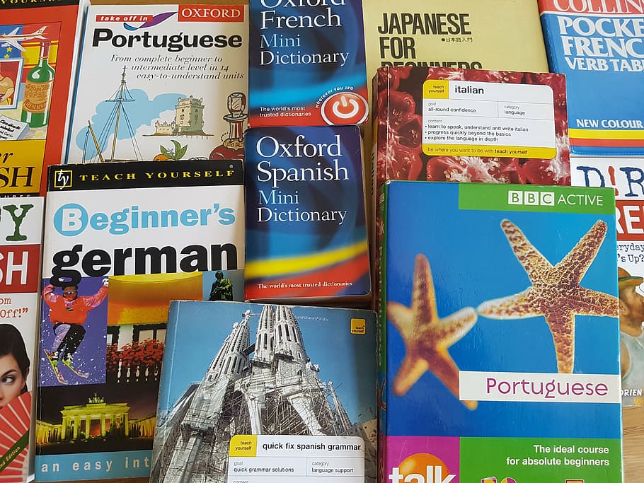 assorted educational books, language, learning, study, foreign