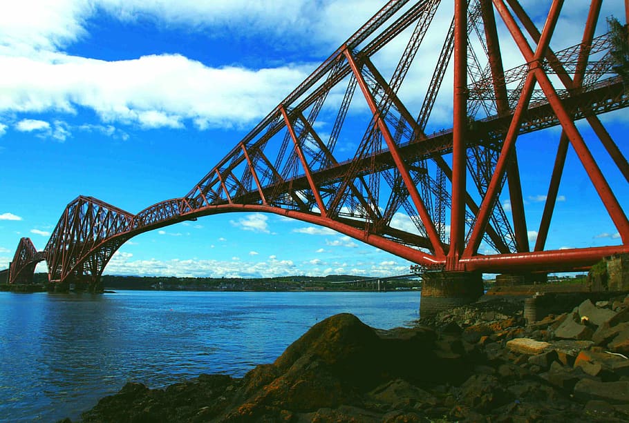 red bridge during daytime, forth rail bridge, steel, landmark, HD wallpaper