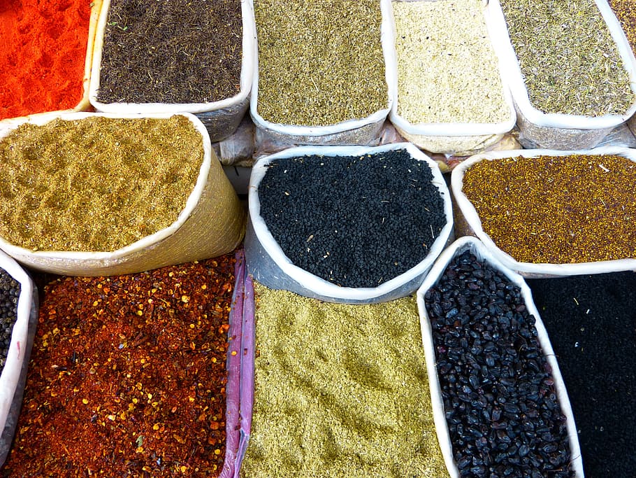 assorted spices, market, bazar, colorful, trading post, food