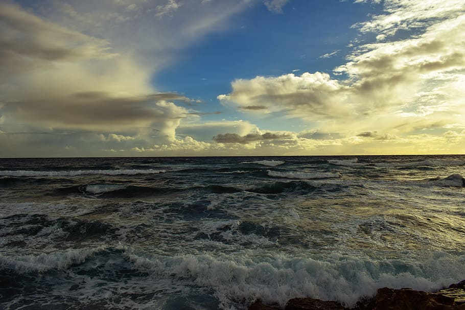 sunset, sky, sea, clouds, beach, nature, landscape, dusk, seashore HD wallpaper
