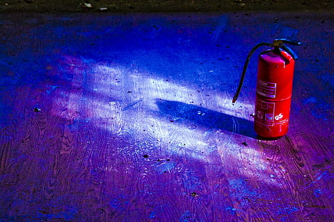 red and black fire extinguisher on floor, Space, Shadow, blue HD wallpaper