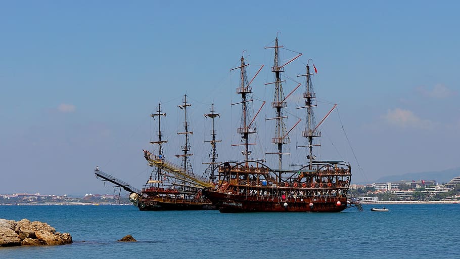 ship, sailboat, bay, schooner, landscape, summer, seascape HD wallpaper