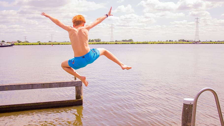 jump, water, fun, one person, human arm, body part, human body part HD wallpaper