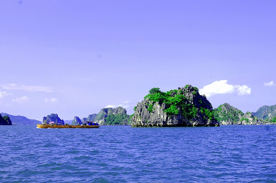ocean, island, karst, ship, vietnam, blue sky, water, sea, nautical vessel, HD wallpaper