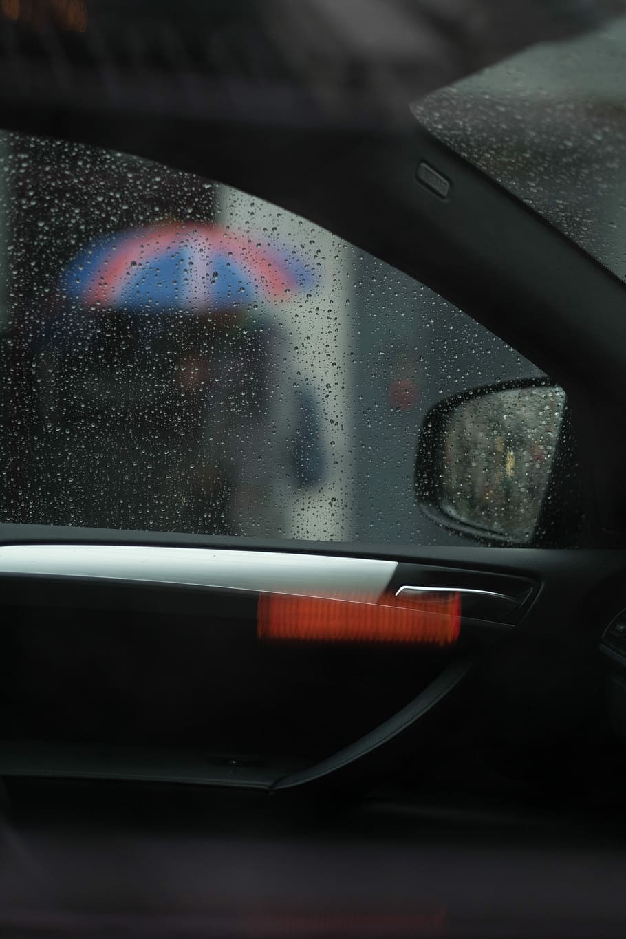 black automotive door with water droplets, car interior, rain HD wallpaper