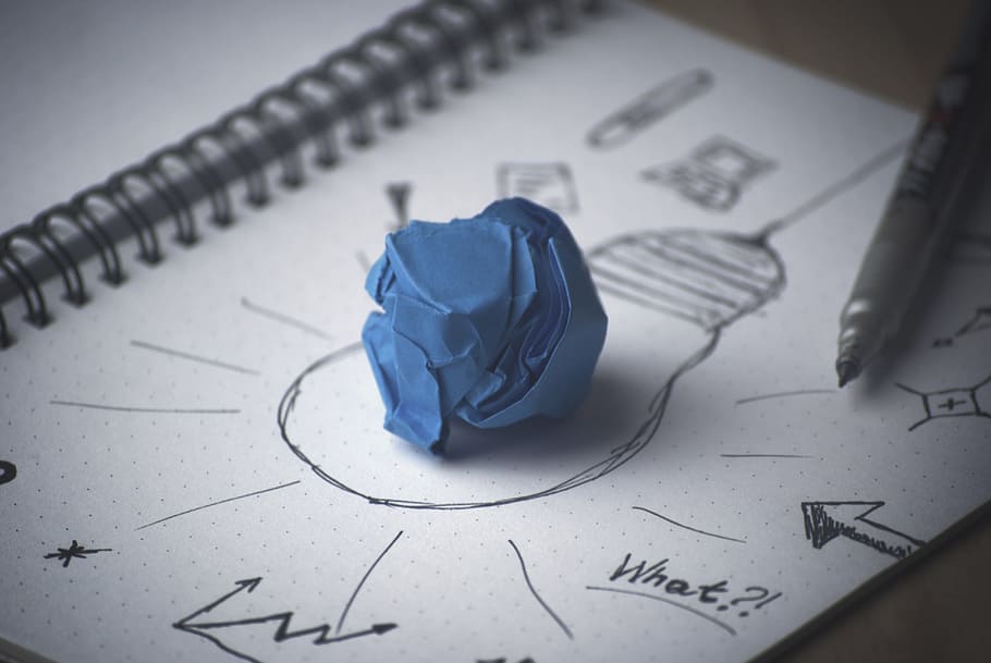 blue crumpled paper, creativity, idea, inspiration, innovation
