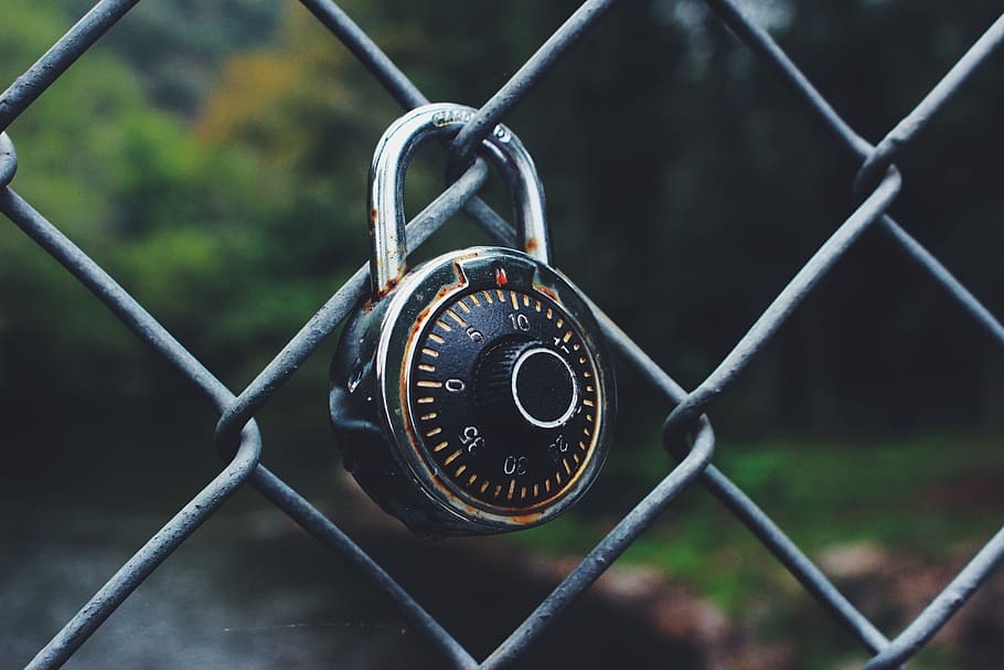 black and gray code padlock anchored on chain-link fence selective focus photo, padlock locked on fence HD wallpaper
