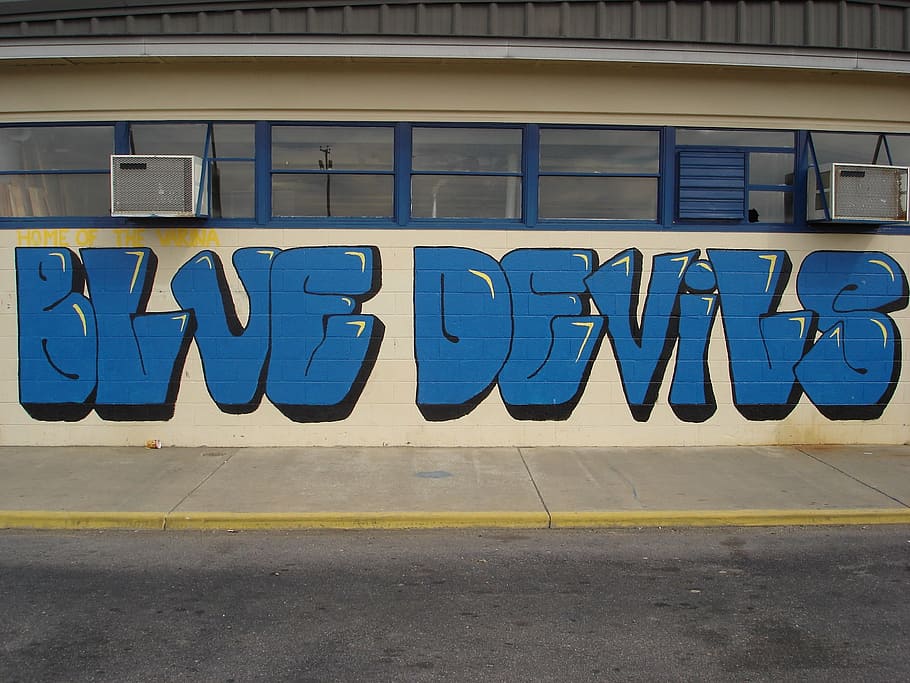 blue devil, graffiti, wall art, text, communication, building exterior HD wallpaper