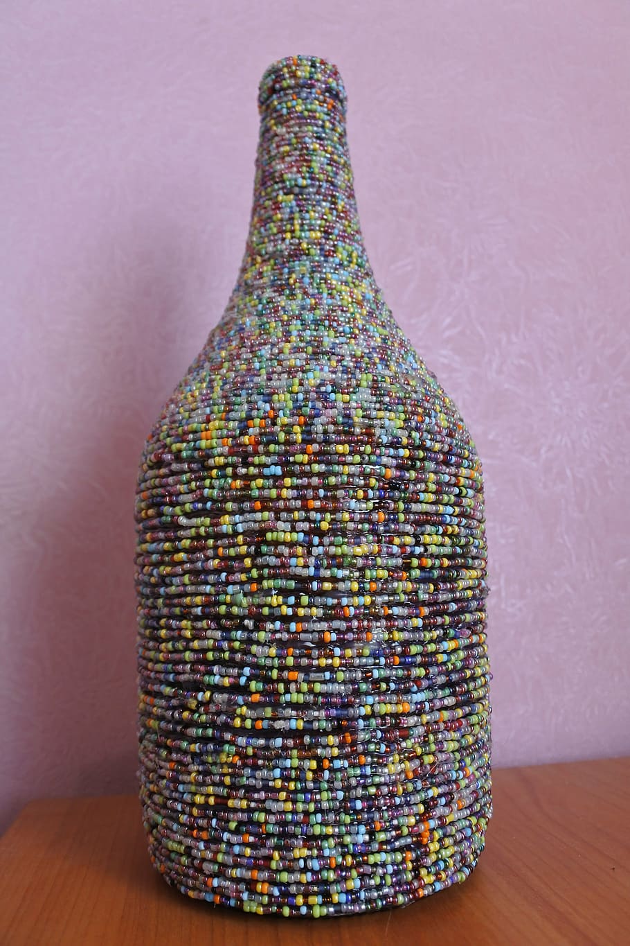 bottle, beads, handmade, decoration, pink, multi color, pied HD wallpaper