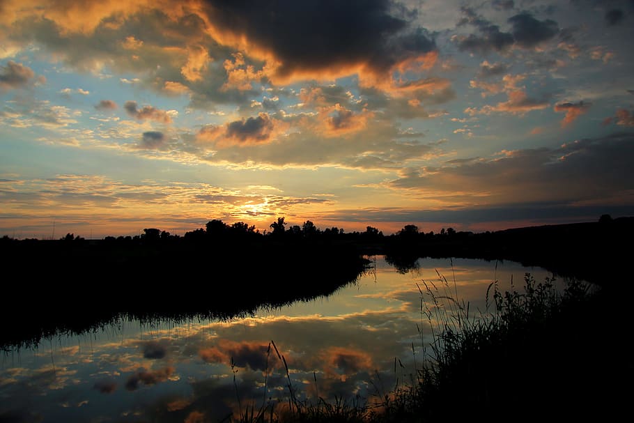 West, Sun, Sunset, Evening, River, sky, view, landscape, clouds HD wallpaper