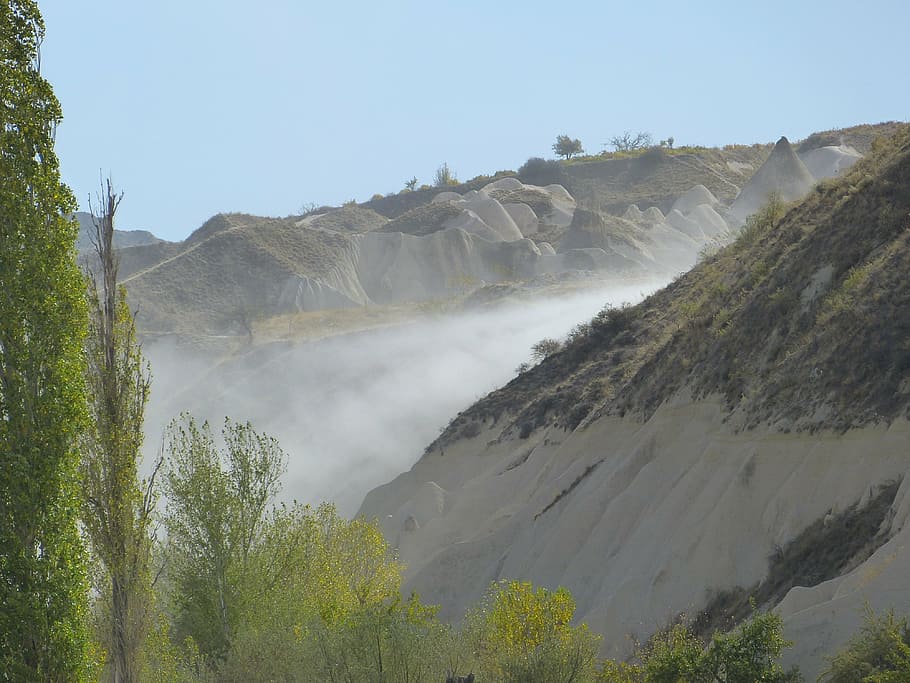 dust, nature, sky, rock, trees, sand, mountain, landscape, scenics HD wallpaper