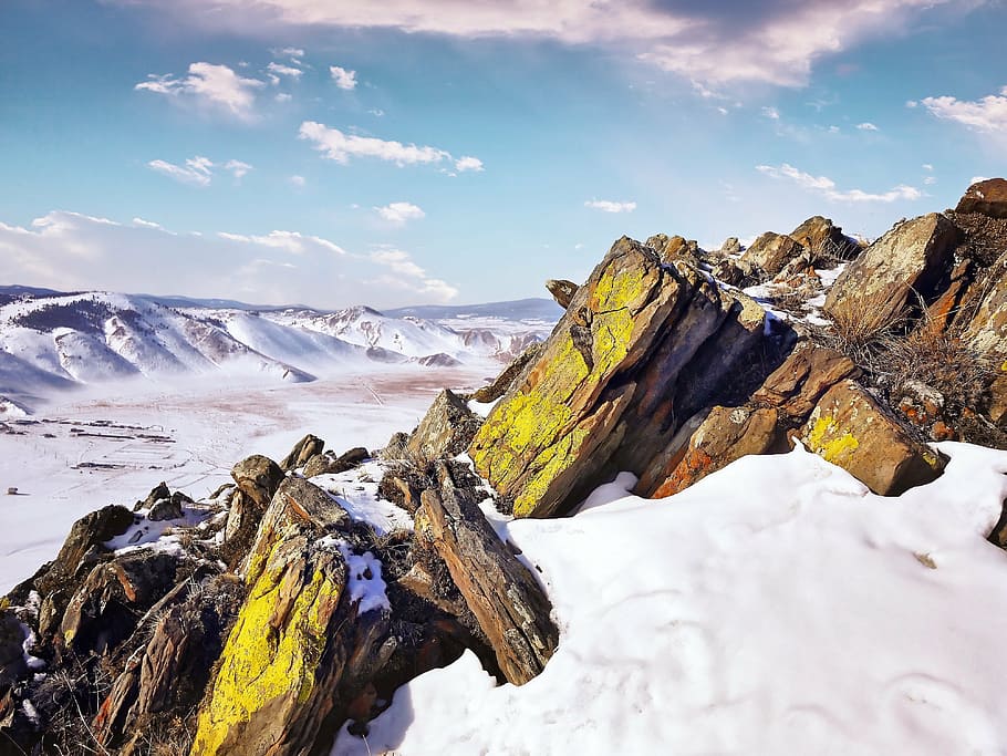 photo of mountain during winter, weave, wintry, rock, sun, sunny HD wallpaper