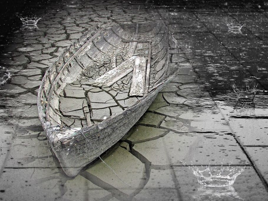 gray clinker boat on concrete pavement, boot, rain, gloomy HD wallpaper