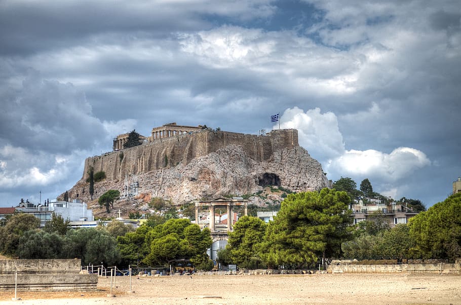 greece, clouds, mountain, architecture, cloud - sky, building exterior HD wallpaper