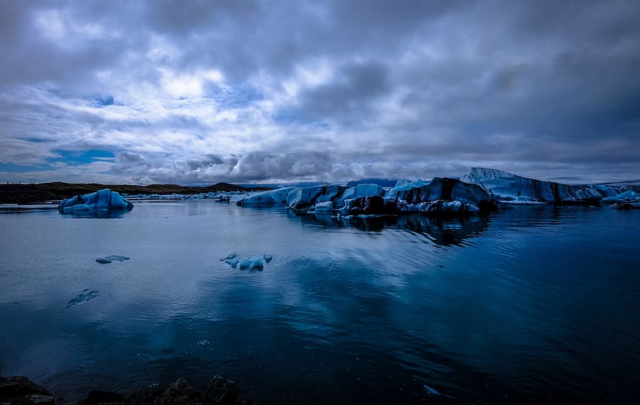 cold, iceberg, snow, dawn, evening, frosty, lake, landscape, mountains HD wallpaper