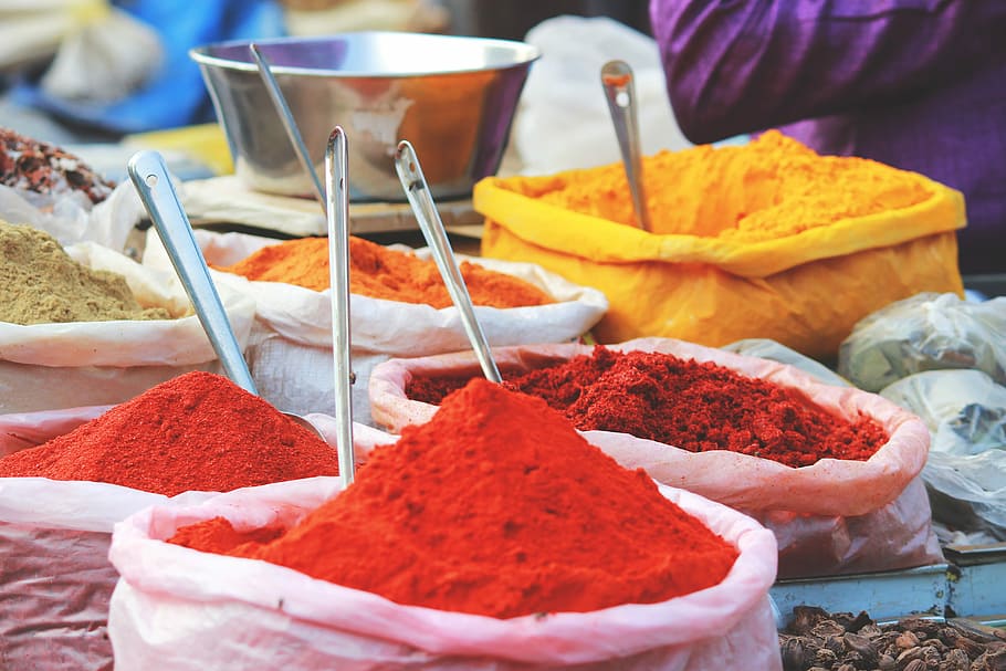 assorted-color powders, assorted-color spices taken at daytime HD wallpaper