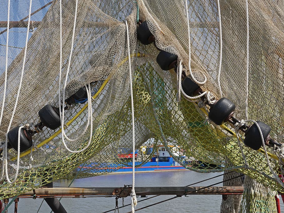 fishing net, dry, gathered, weights, port, sielhafen, bensersiel HD wallpaper