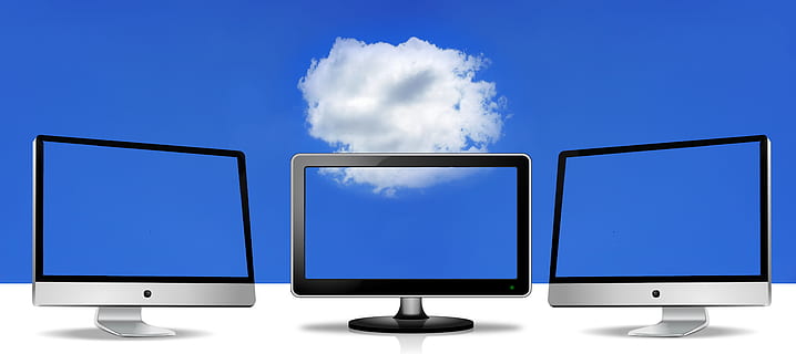 gray flat screen monitor under cloudy sky, cloud computing HD wallpaper