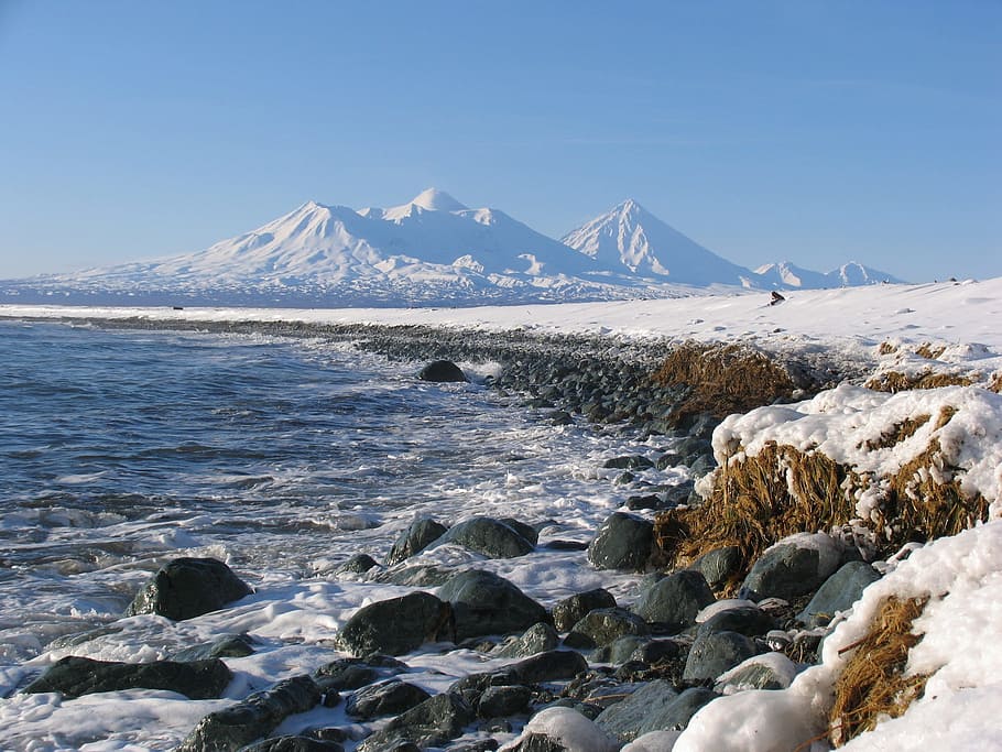 volcanoes, mountains, ocean, wave, coast, foam, spray, beach HD wallpaper