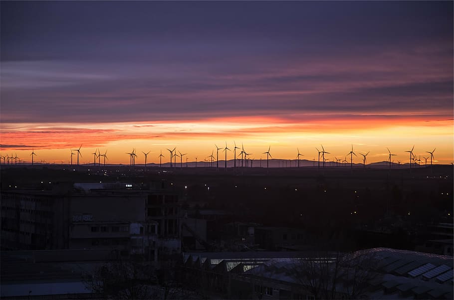 silhouette photo of wind turbine generator lot, far, windmills HD wallpaper