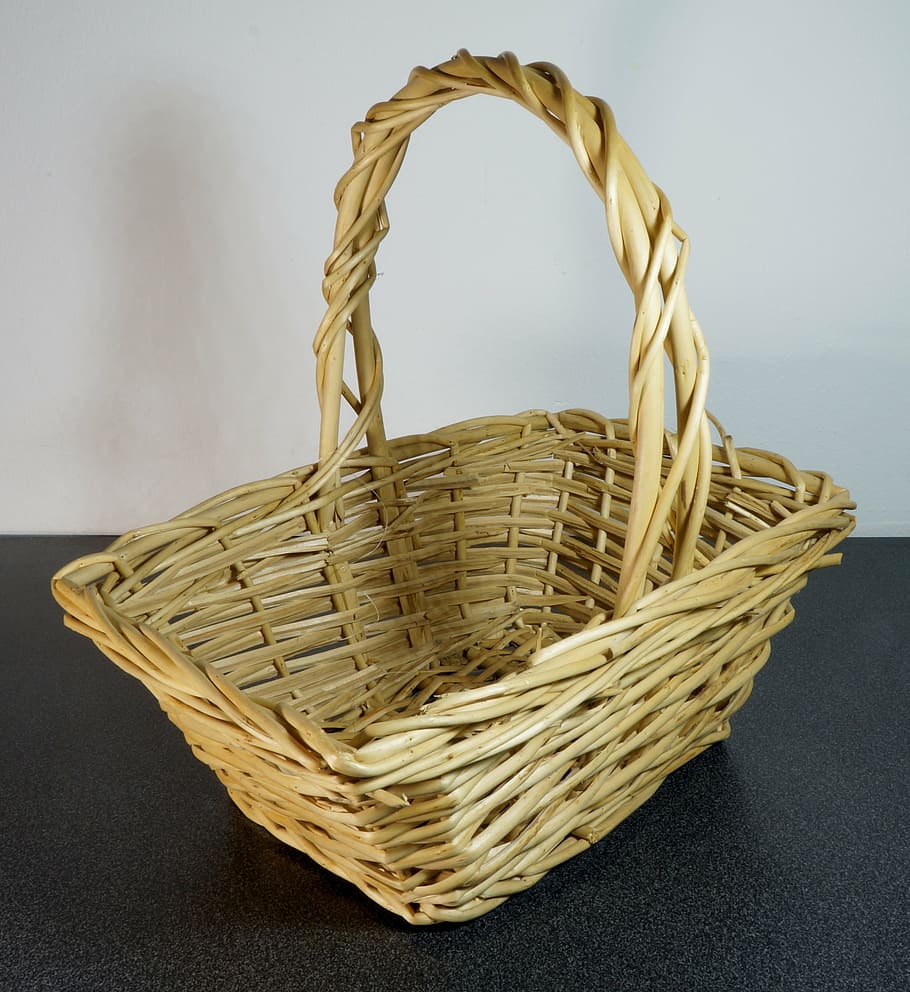 brown wicker basket on black tabler, wood, empty, picnic, shopping, HD wallpaper